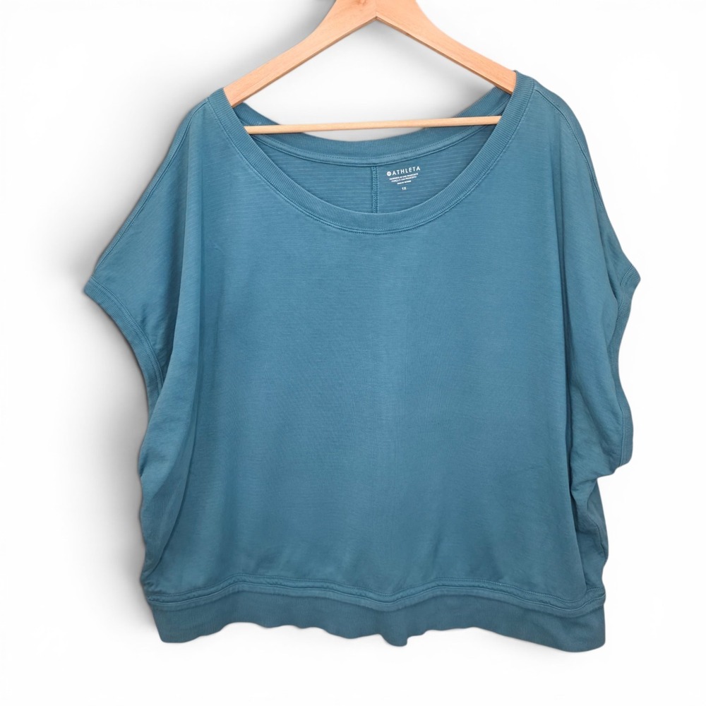 Athleta Sundown Shirred Sweatshirt Top Womens Plus 1X‎ Borealis Green Boxy